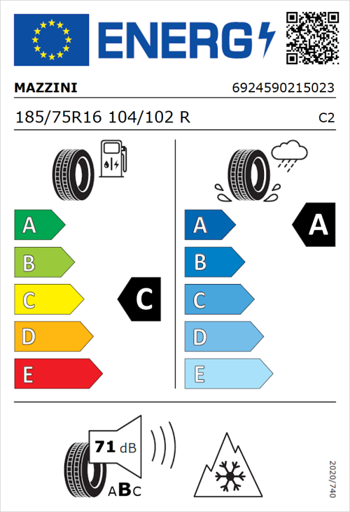 Tyre Label for Mazzini Snowleopard 185/75R16 104/102R